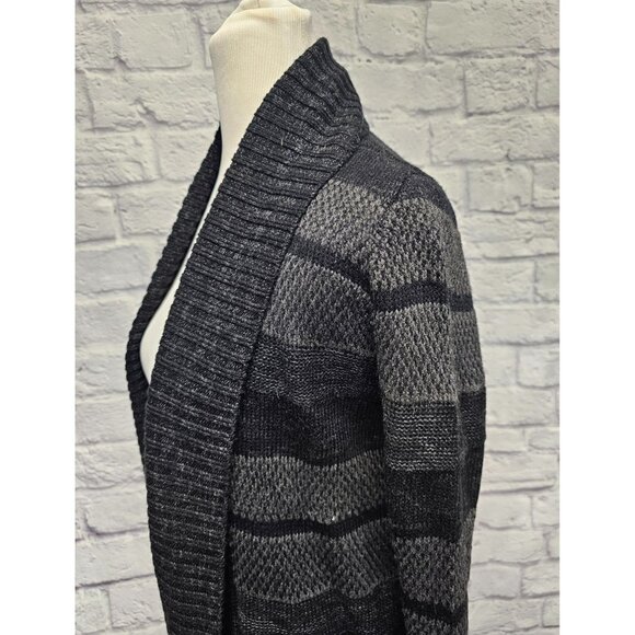 APT 9. XS BLACK GRAY STRIPED OPEN FRONT RIBBED CARDIGAN LONG TUNIC POCKET SWEATE - Picture 13 of 15